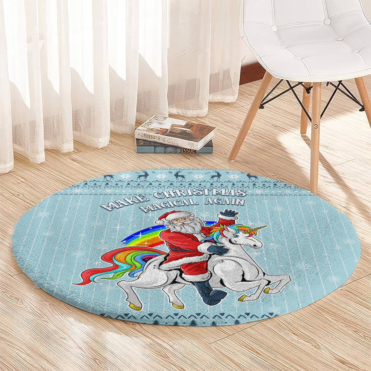 Turquoise round rug with Santa and unicorn, rainbow mane, central graphic
