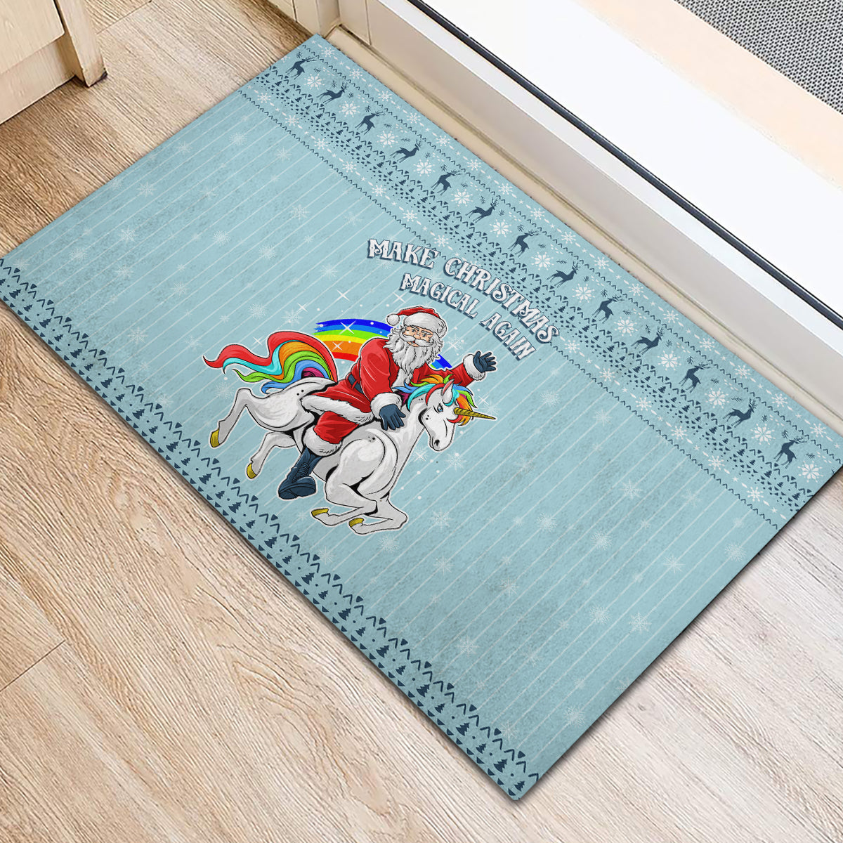 Turquoise rubber Christmas doormat showing Santa and unicorn with “Make Christmas Magical Again” text