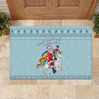 Turquoise rubber Christmas doormat featuring Santa on unicorn with decorative top border