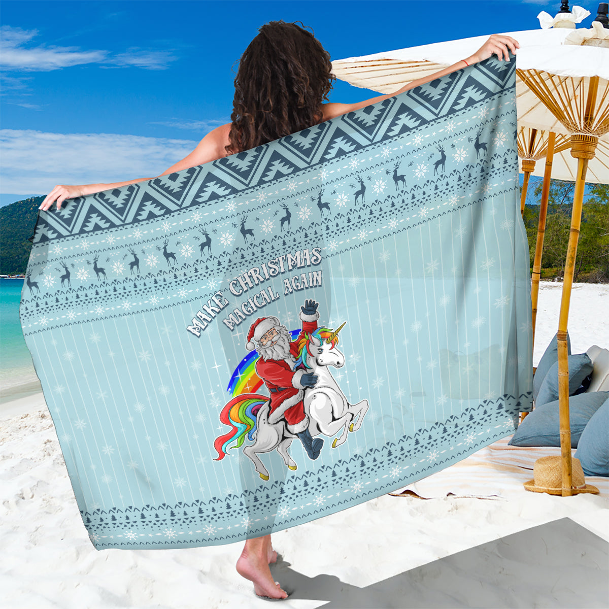 Turquoise sarong with unicorn and holiday text, patterned border and icons