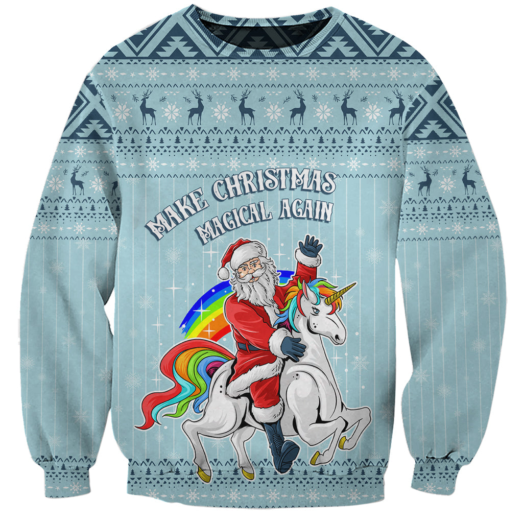 Turquoise unisex sweatshirt with Christmas Santa and unicorn graphic, patterned yoke