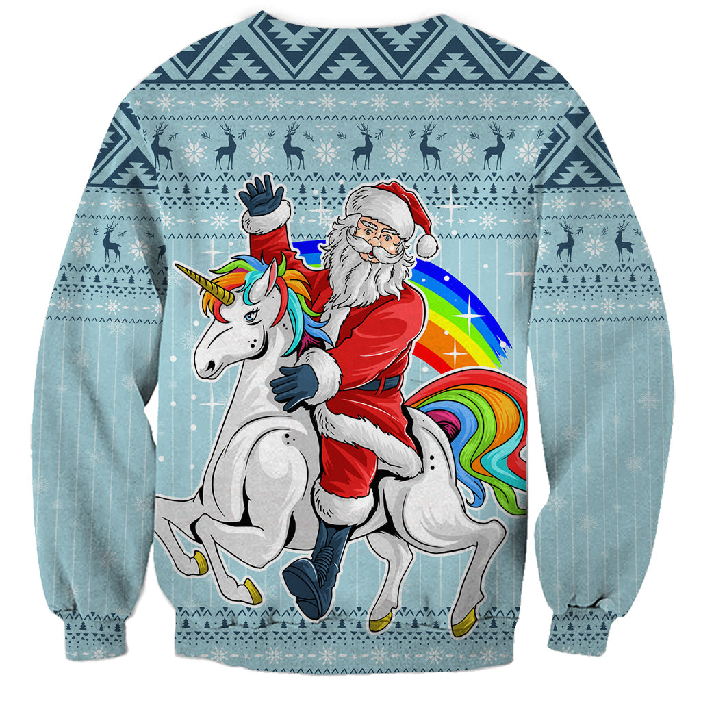 Turquoise unisex sweatshirt with Santa riding unicorn, rainbow arc and festive border print