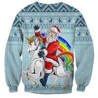 Turquoise unisex sweatshirt with Santa riding unicorn, rainbow arc and festive border print