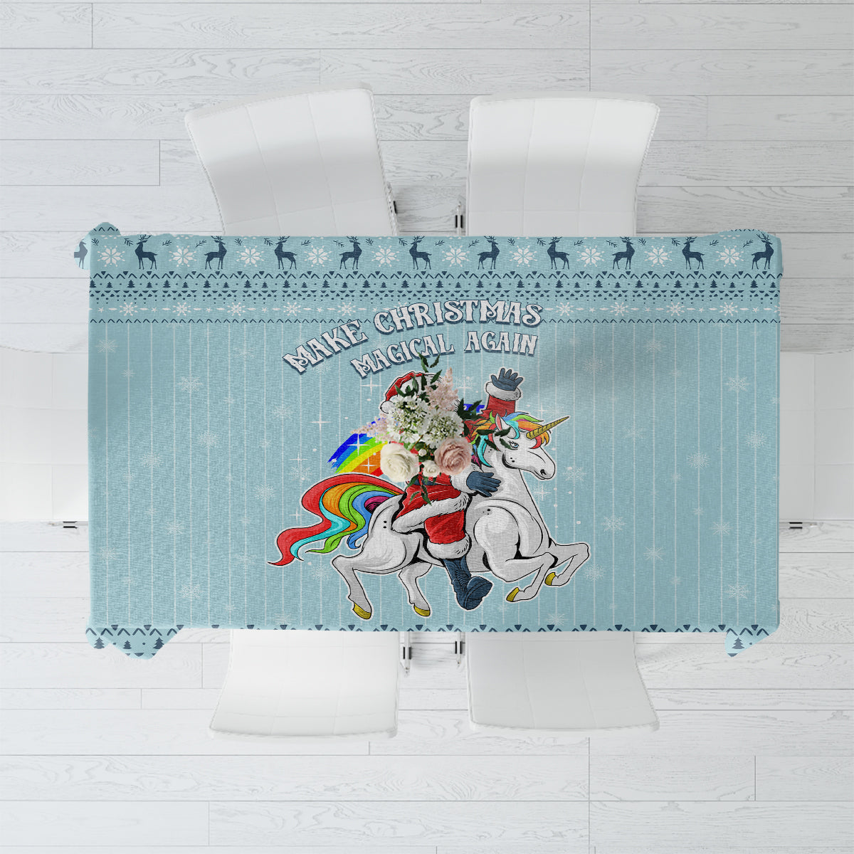 Turquoise Christmas unicorn tablecloth with central character and decorative text