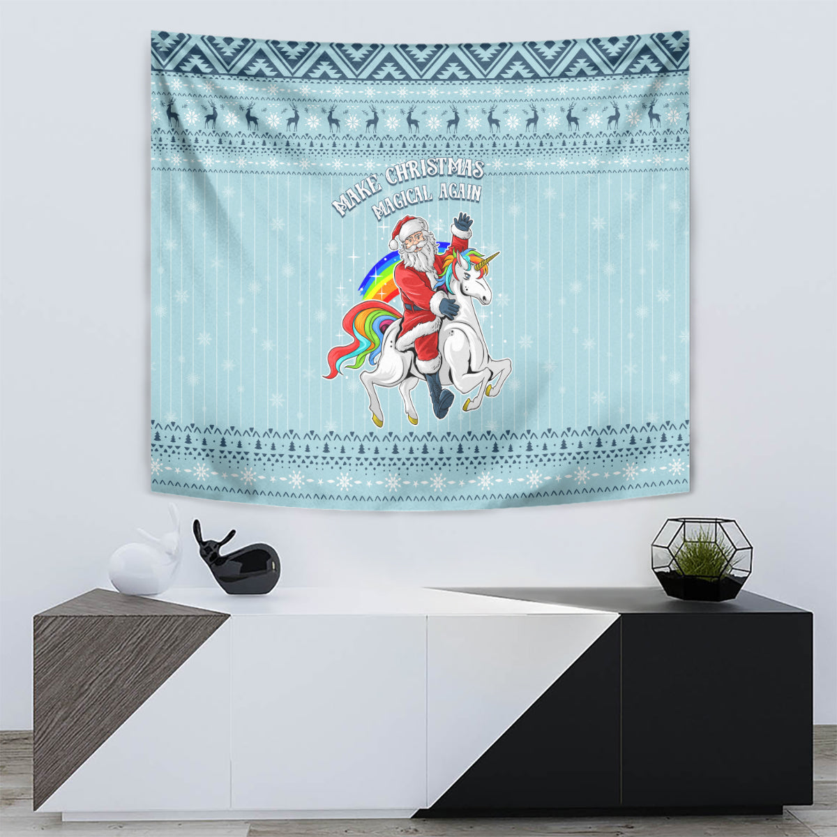 Turquoise unicorn Christmas tapestry with decorative top and bottom borders and slogan text.