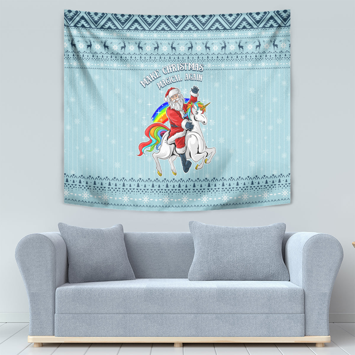Turquoise unicorn Christmas tapestry with “Make Christmas Magical Again” headline and stars.