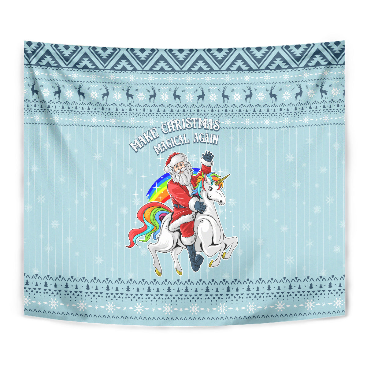 Turquoise unicorn Christmas tapestry featuring “Make Christmas Magical Again” text and border trim.
