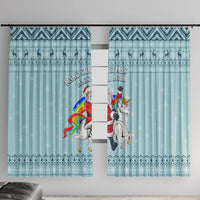 Turquoise unicorn Christmas window curtain pair with festive border and lettering