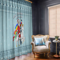 Turquoise unicorn-themed Christmas window curtain with cartoon unicorn and rainbow mane
