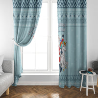 Turquoise unicorn Christmas window curtain panels with cartoon unicorn near door