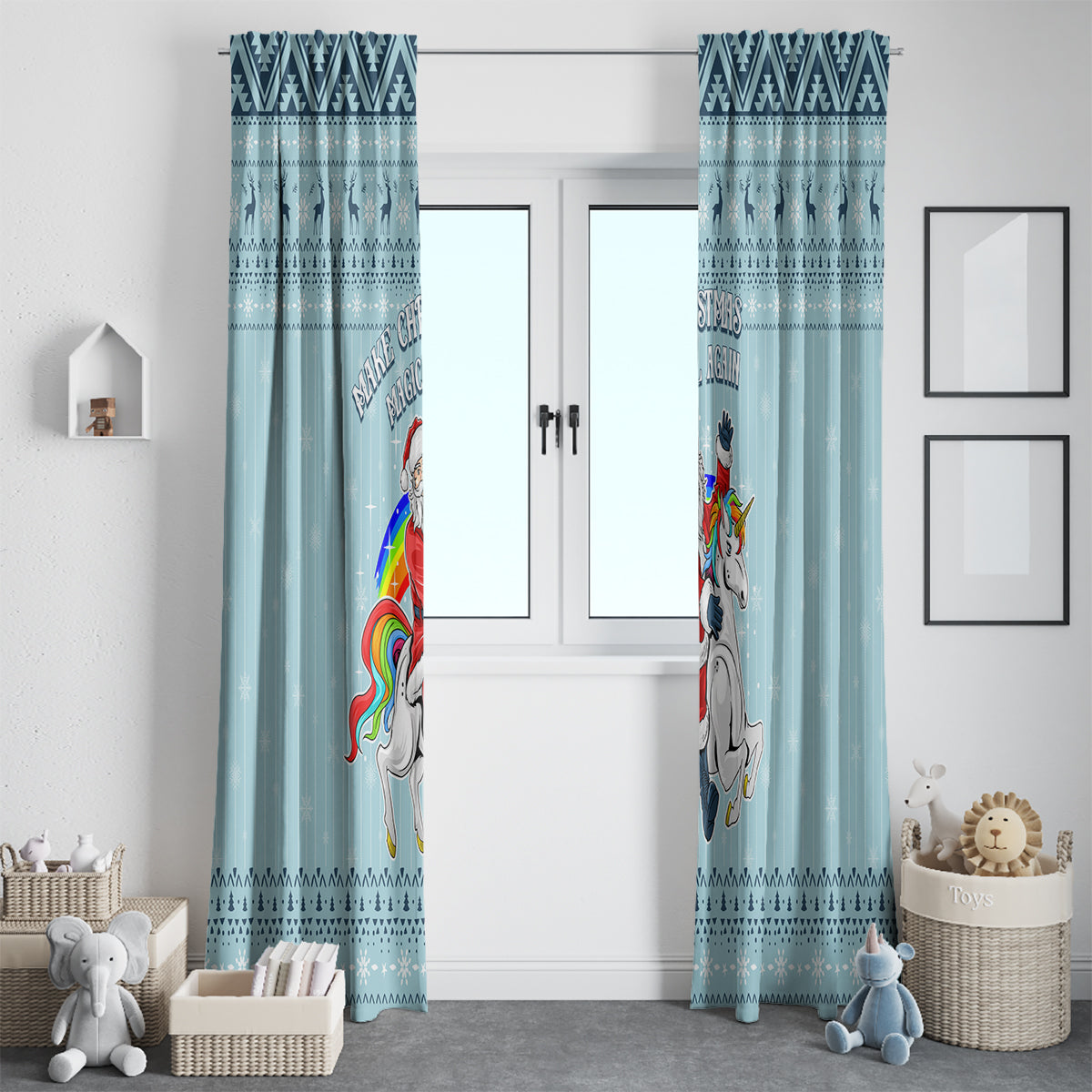 Turquoise unicorn Christmas window curtain set on double window with decorative top trim