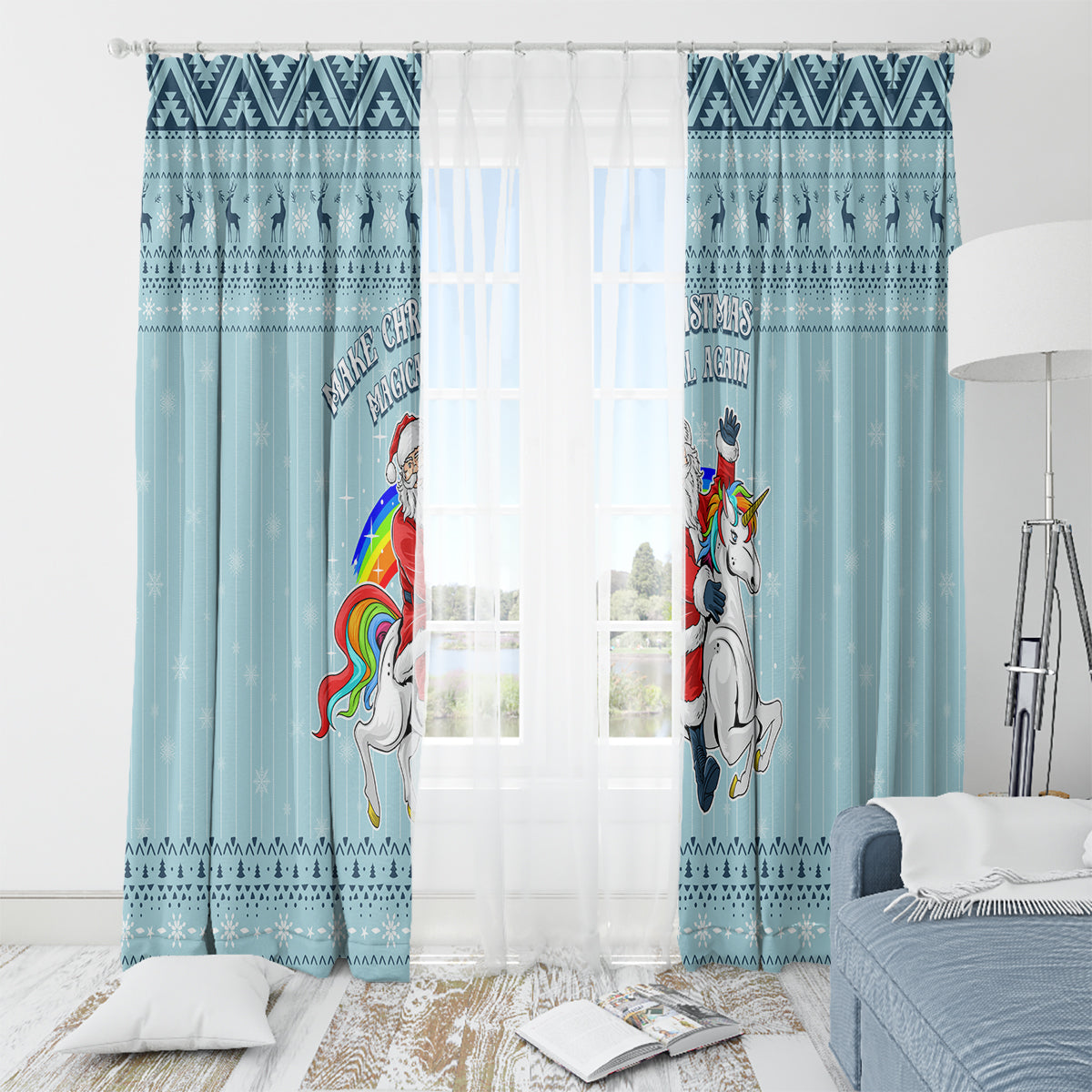 Turquoise unicorn Christmas window curtain pair with Santa and unicorn graphics at top