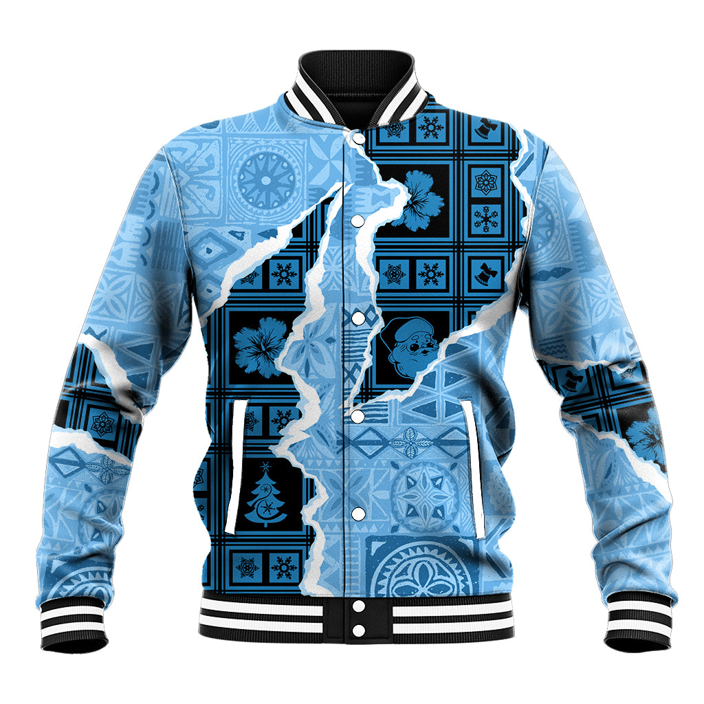 Unisex turquoise baseball jacket with button front, black-and-white striped collar and cuffs.