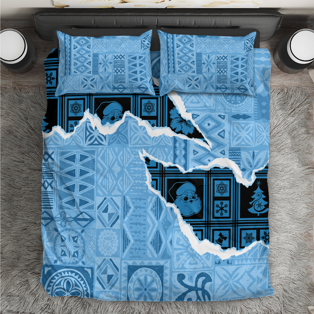 Turquoise and blue Christmas bedding set with patterned comforter and matching pillowcases