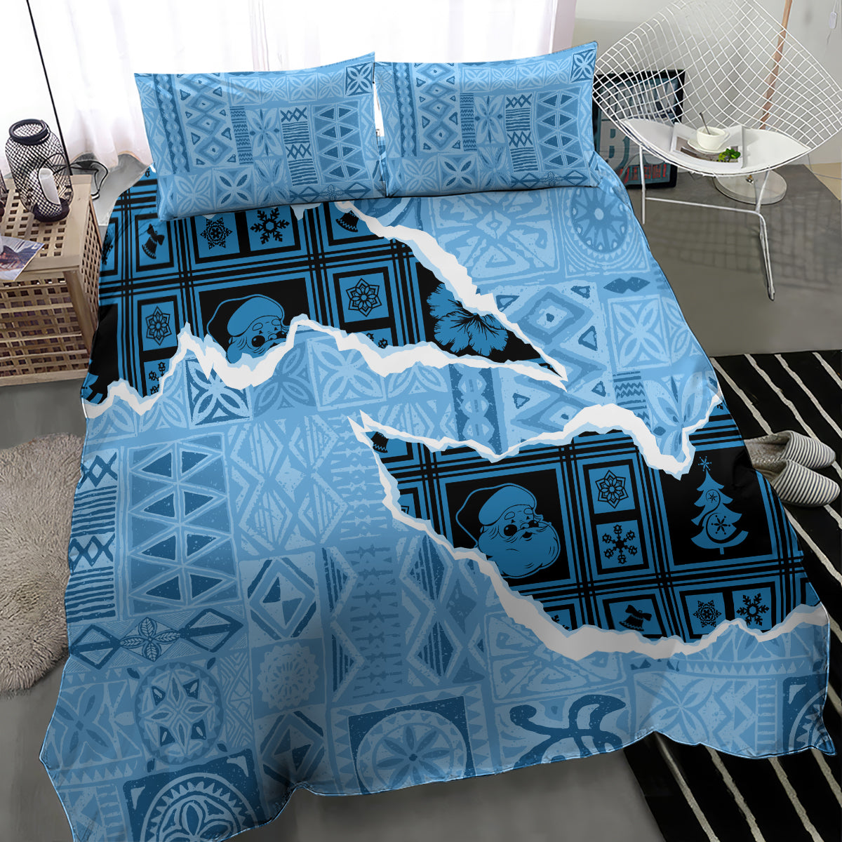 Turquoise and blue bedding set with patterned comforter and two matching pillowcases