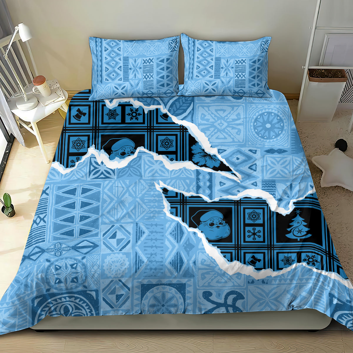 Turquoise and blue Christmas bedding set with map-like pattern comforter and pillowcases