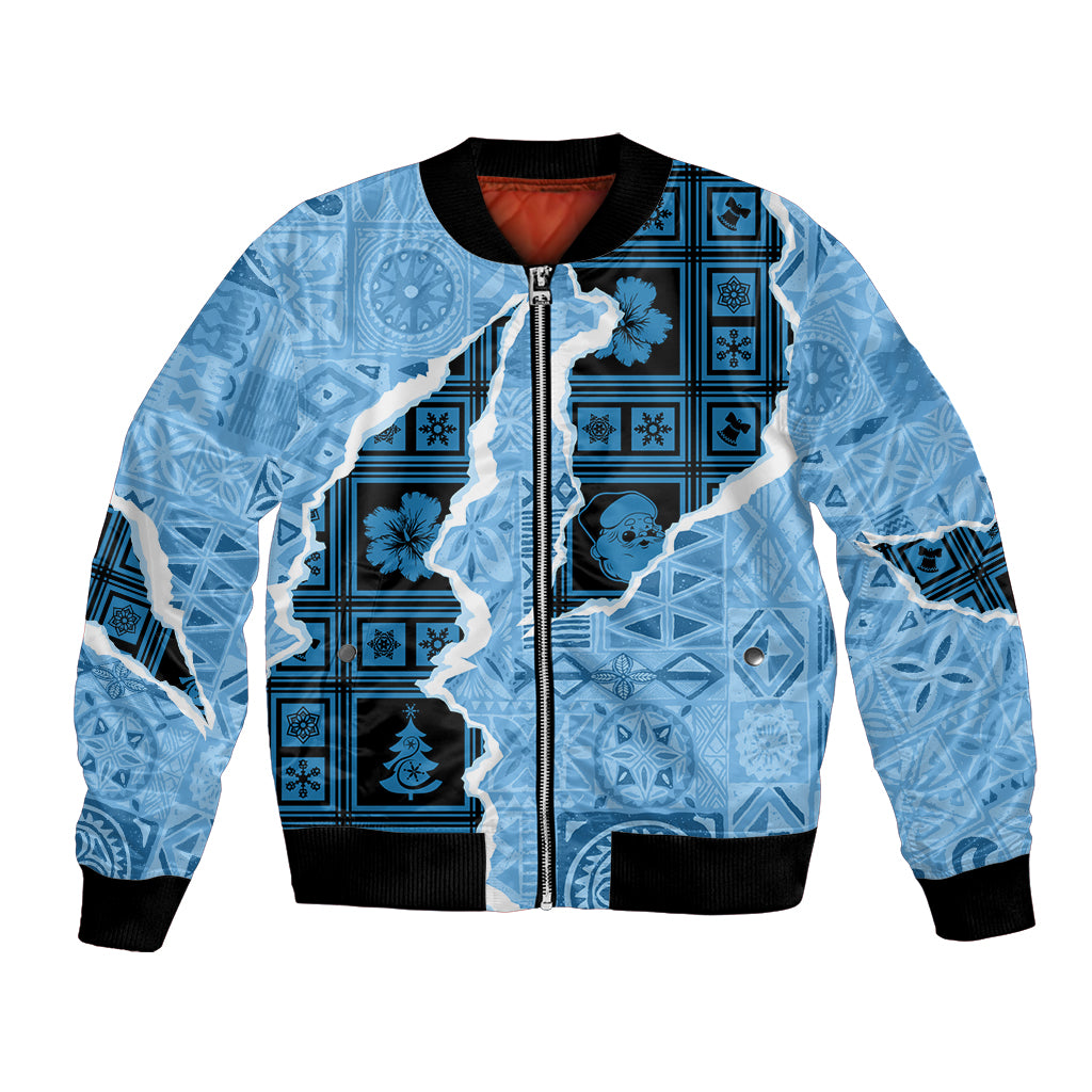 Turquoise bomber jacket with black ribbed trim and front zipper, blue tiki prints