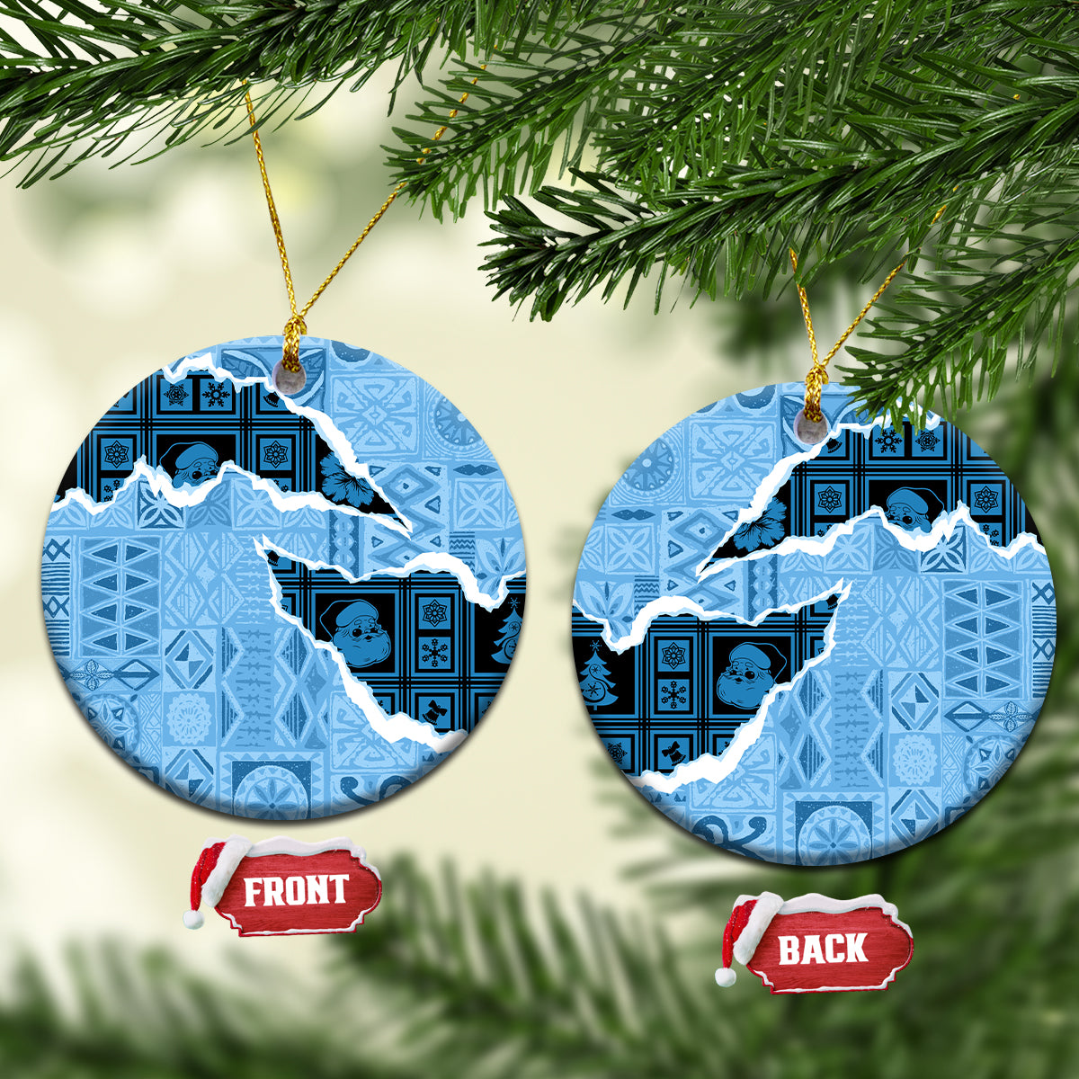 Turquoise ceramic round Christmas ornament set with blue patterned design and gold hanging loop