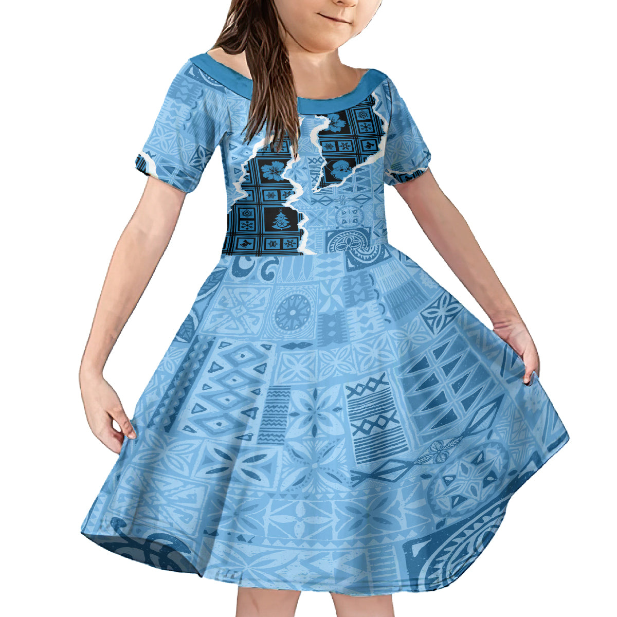 Bula Fiji Tapa Mix Christmas Kid Short Sleeve Dress Vintage Style - Wonder Print Shop