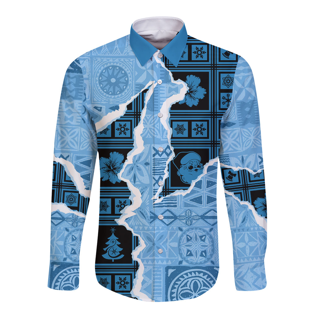 Turquoise long-sleeve button shirt with white tapa-style graphic print