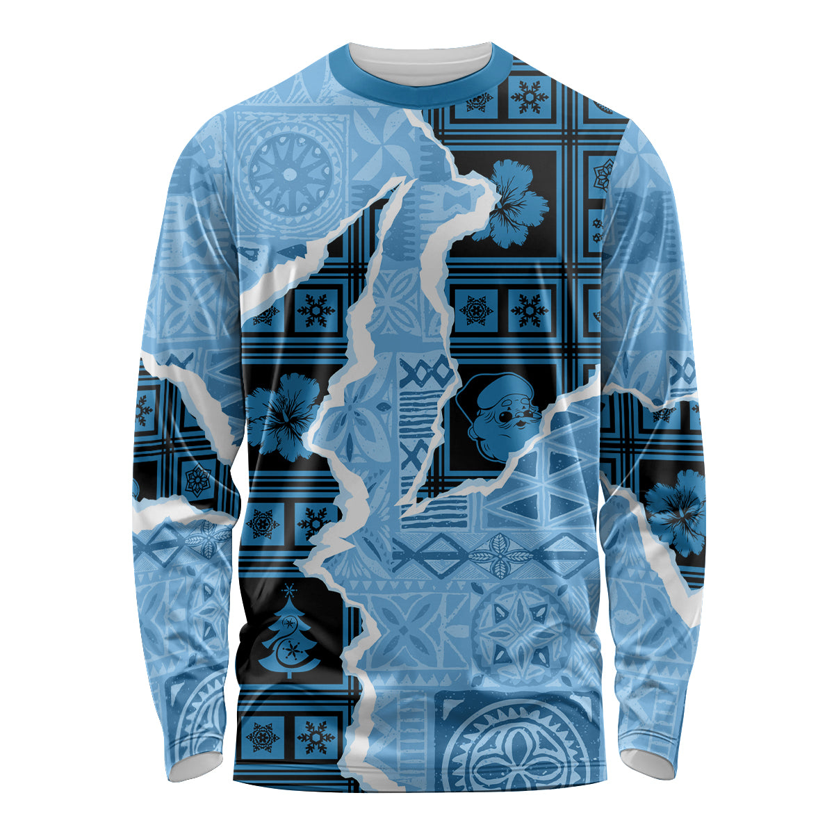 Turquoise long-sleeve shirt with vintage island tiki graphic and decorative tapa print
