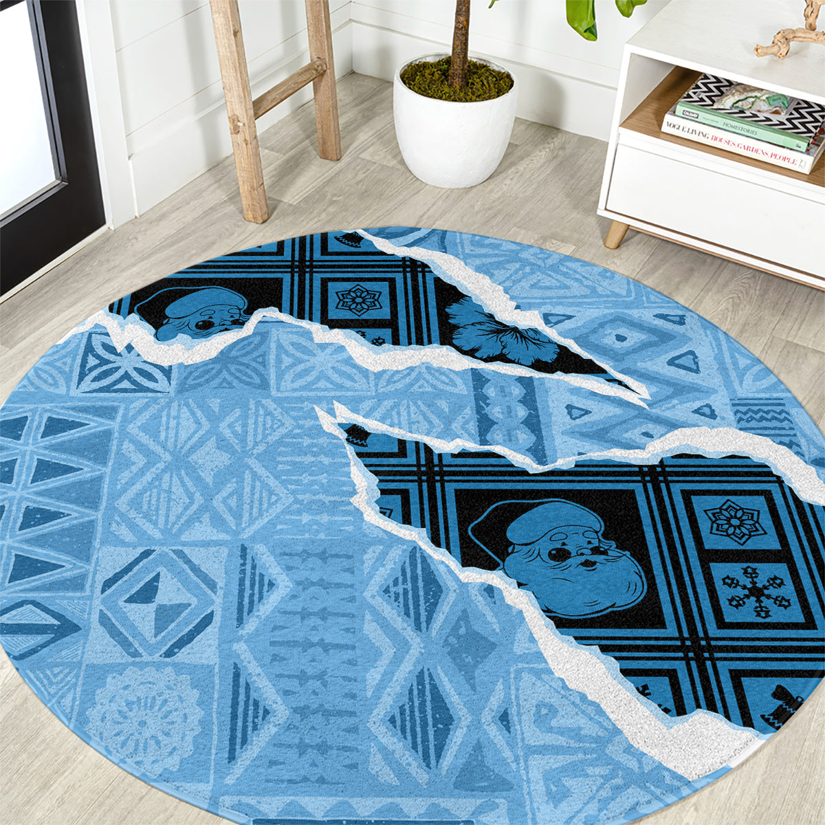 Turquoise-blue round rug with white tapa pattern and island silhouette