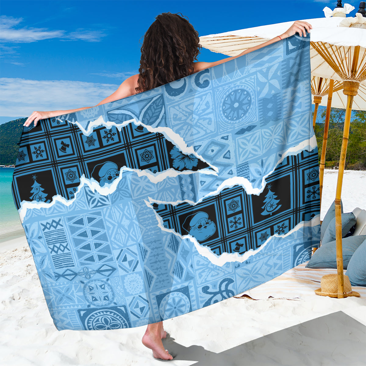 Turquoise tapa-style sarong with navy geometric pattern, wrap skirt