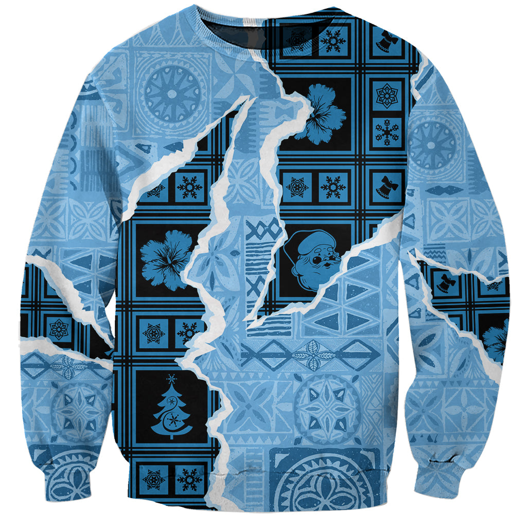 Turquoise vintage-style sweatshirt with mixed tapa prints and dark blue island graphic