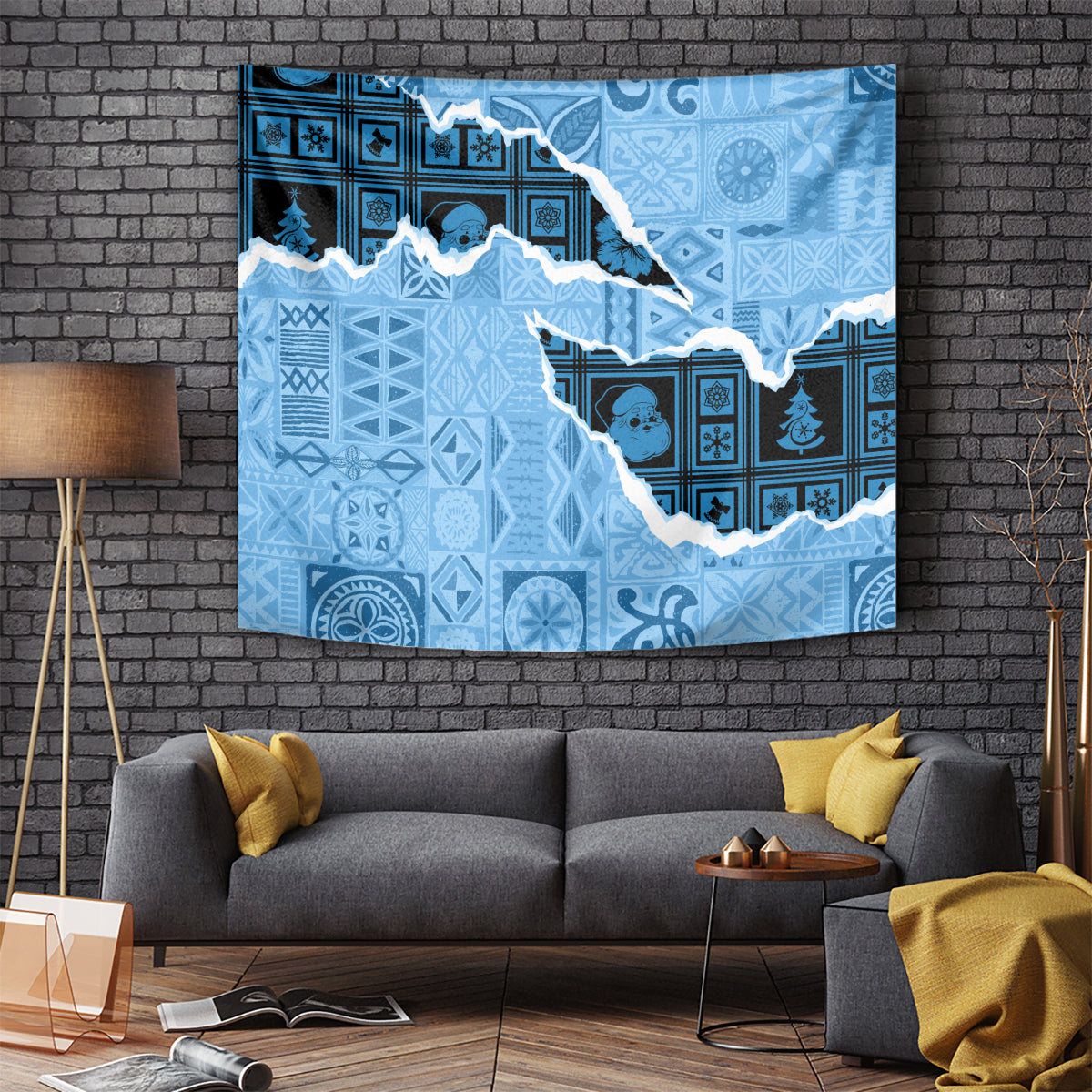 Turquoise vintage-style tapestry with map-shaped white cutout and blue holiday patterns.