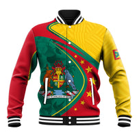 Baseball jacket with Grenada flag print, snap buttons, striped ribbed collar