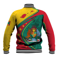 Back of baseball jacket with Grenada flag print, striped ribbed cuffs and hem