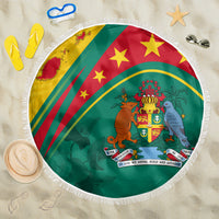 Round 150cm green beach blanket with Grenada flag design and white fringe edge