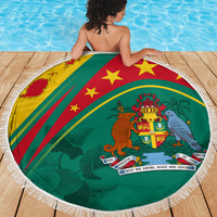 Round 150cm green beach blanket with Grenada flag emblem and white fringed border
