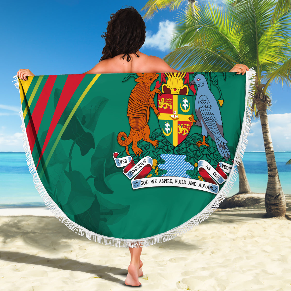 Round 150cm green beach blanket featuring Grenada flag design and white fringe border