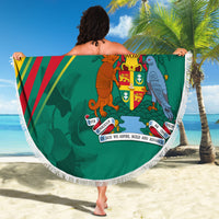 Round 150cm green beach blanket featuring Grenada flag design and white fringe border