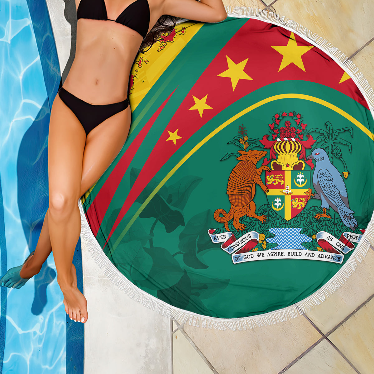Round 150cm green beach blanket, Grenada flag center with red stars and white fringe