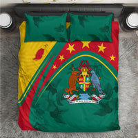 Green bedding set with duvet panel, yellow and red sections, crest emblem, and stars