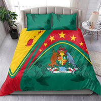 Green bedding set with two teal pillow shams and duvet showing crest emblem and yellow stars