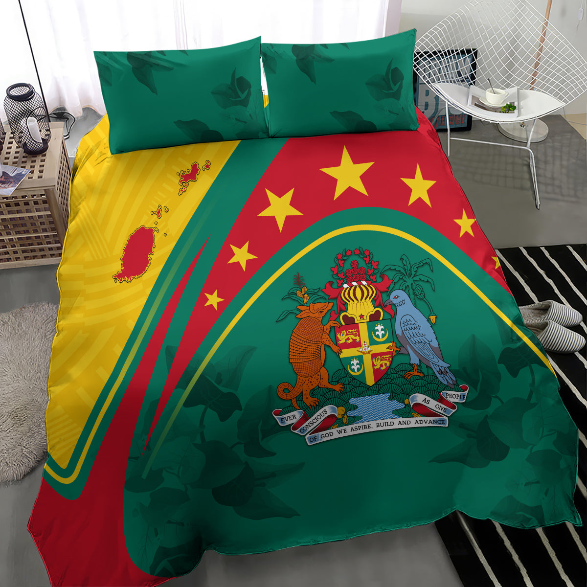 Green bedding set with duvet featuring crest emblem, red star field, and yellow diagonal panel