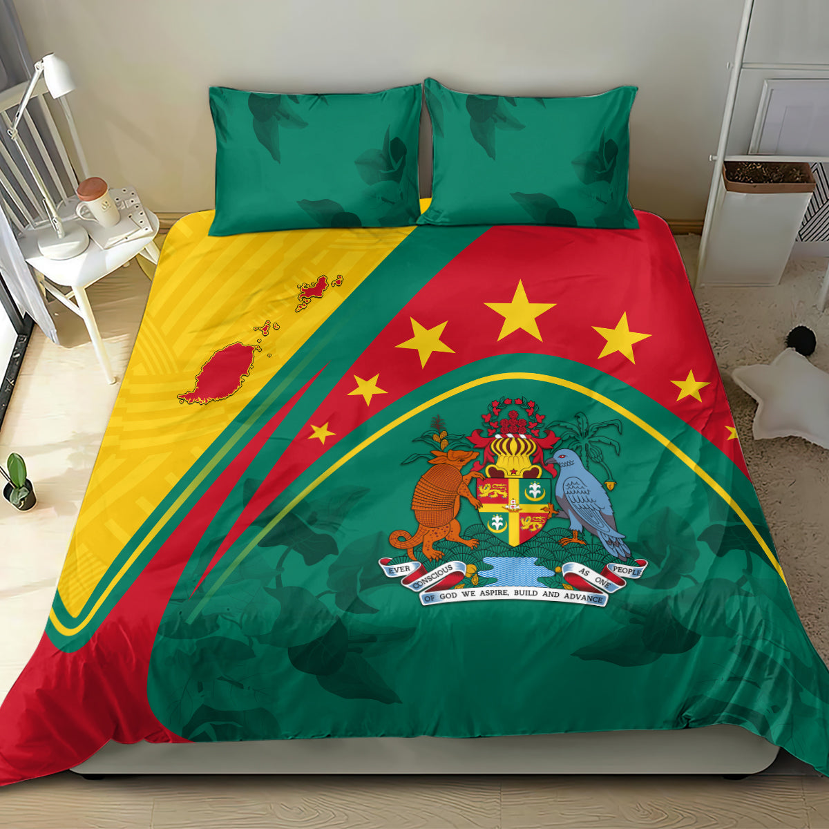 Green bedding set with crest emblem, three yellow stars on red area, and yellow diagonal stripe