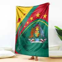 Green blanket with Grenada flag stars and coat-of-arms emblem, hanging upright