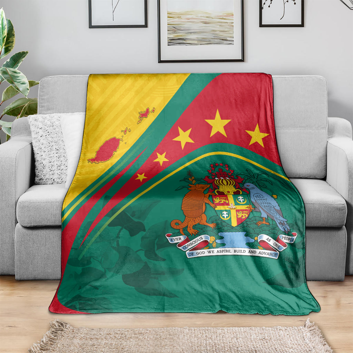 Green blanket with Grenada flag stars and coat-of-arms emblem, neatly spread