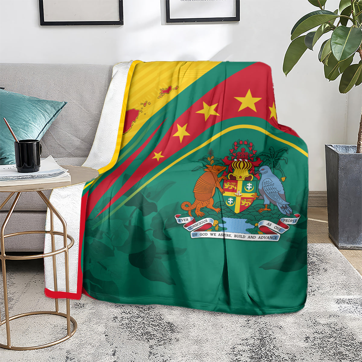 Green blanket with Grenada flag stars and coat-of-arms emblem, draped over armchair