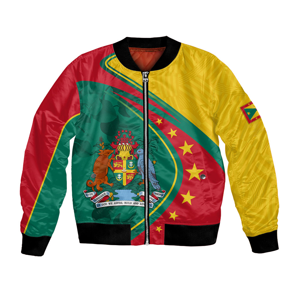 Unisex bomber jacket with zipper, green/yellow/red design and Grenada crest with stars