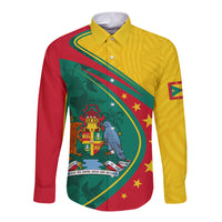 Long sleeve button shirt with yellow collar and red-green diagonal front graphic