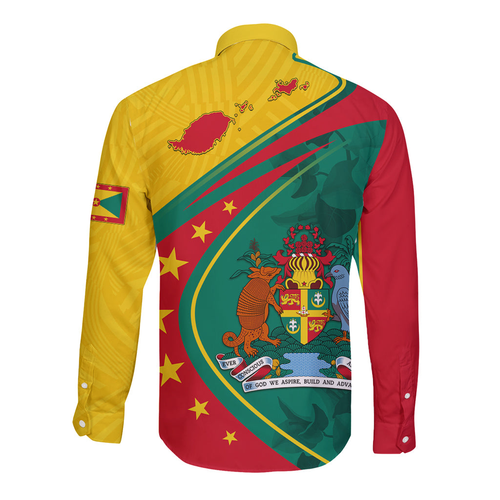 Long sleeve button shirt with yellow back and red-green diagonal graphic with crest