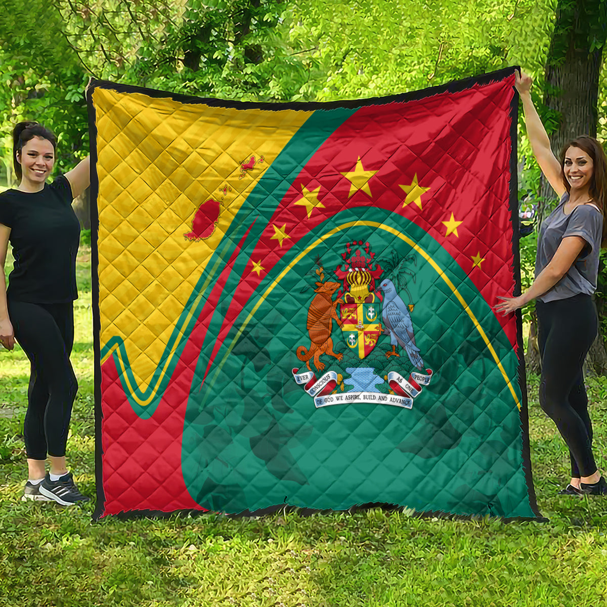 Quilt with Grenada flag design, star and crest center, red green yellow patchwork