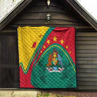 Multicolor quilt with diamond quilting, green center and coat of arms, red accents and stars