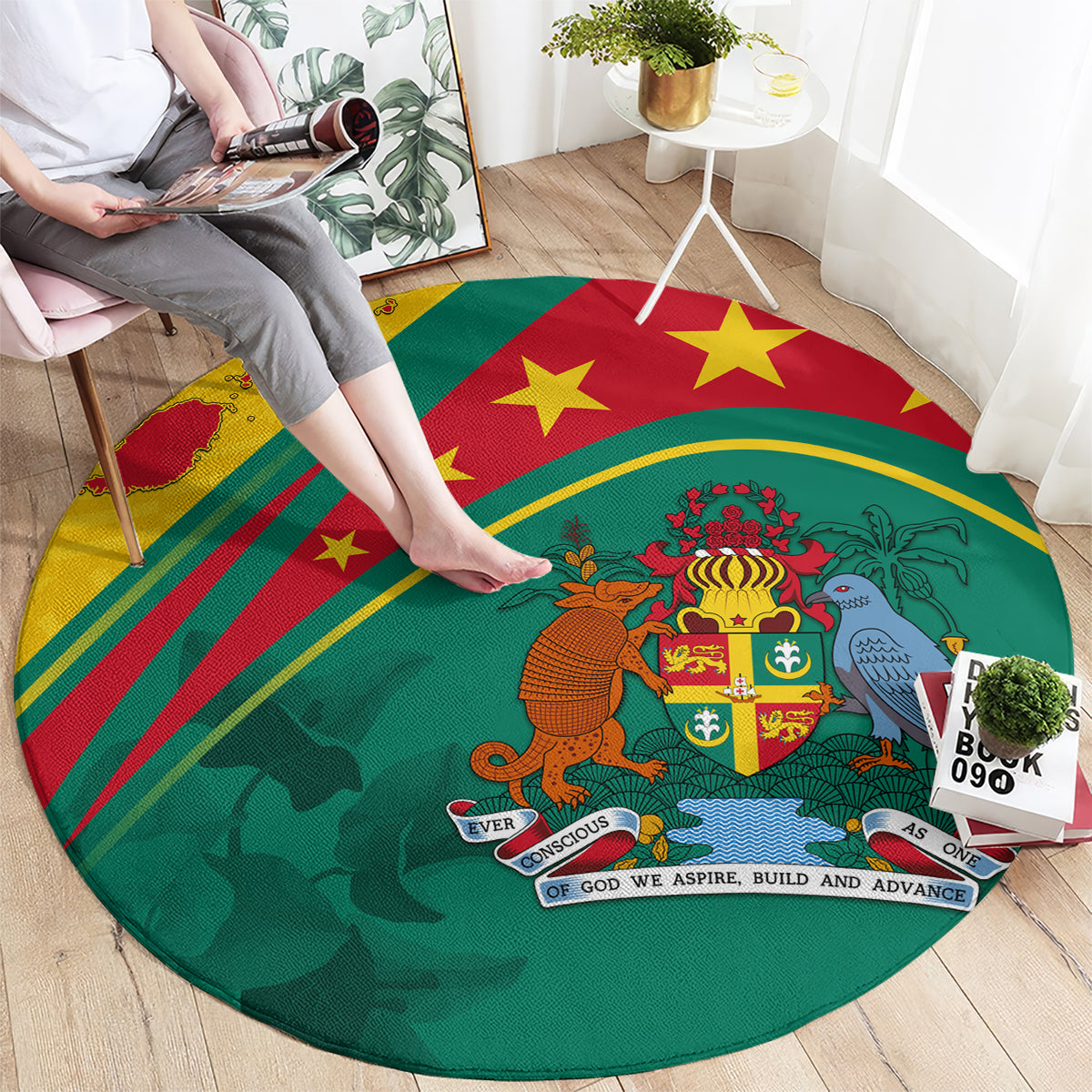 Round green area rug with red and gold star pattern, illustrated crest and motto text