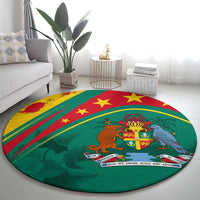Round green area rug with red star accents and a large illustrated heraldic shield scene